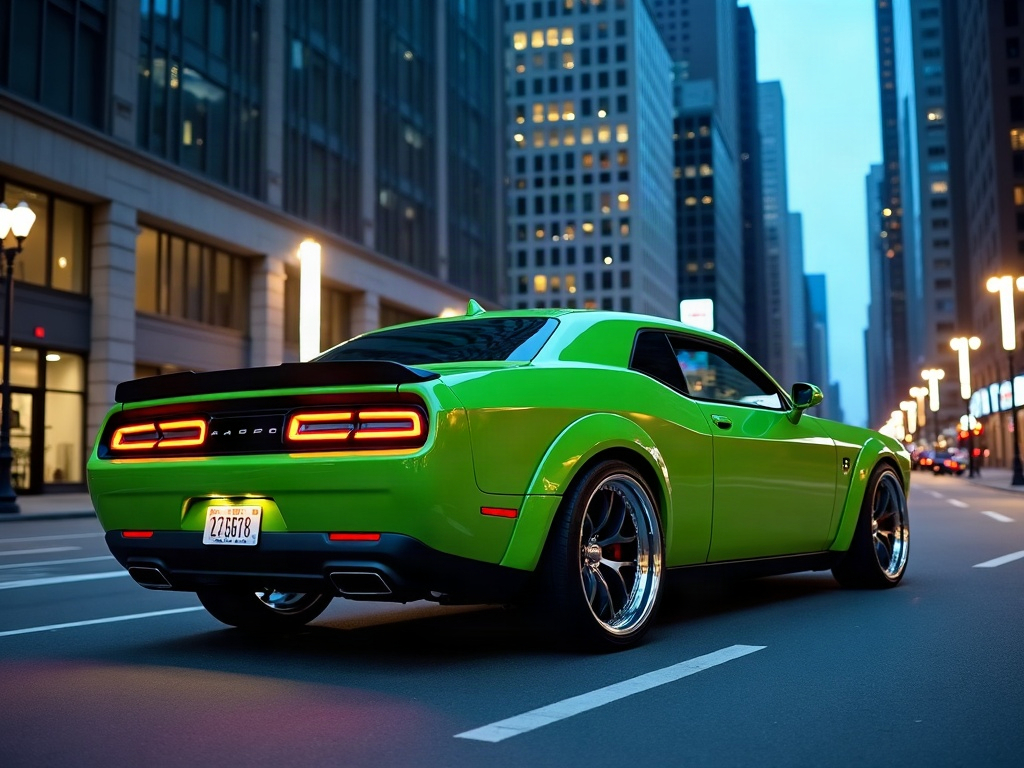 A photorealistic lime green wide-body American muscle car with polishe — AI car build by @eriksen8xz