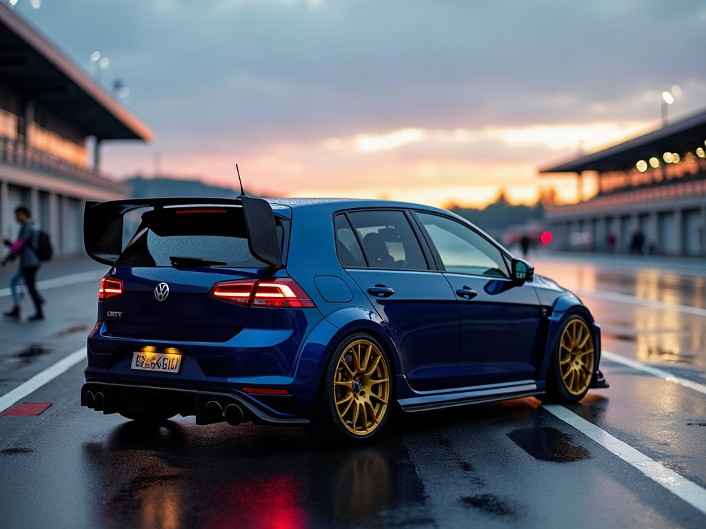 A photorealistic deep navy blue rally-spec hatchback with gold split-s — AI car build by @slammed_sara