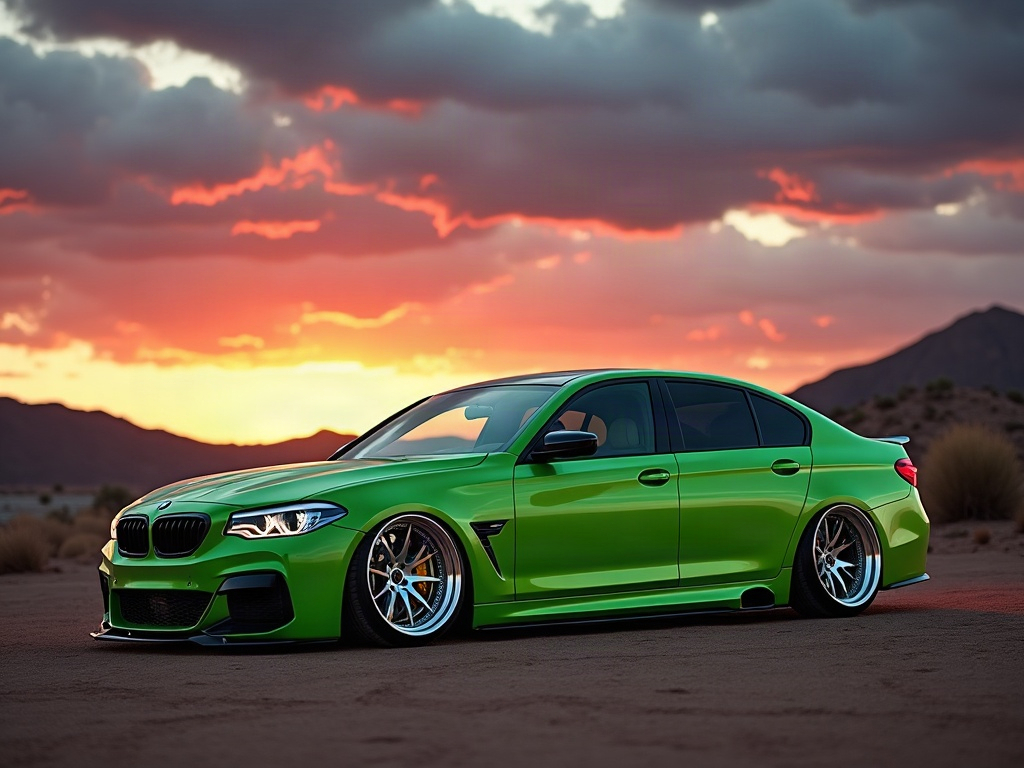 A photorealistic lime green slammed executive sedan with silver cross- — AI car build by @slammed_sara
