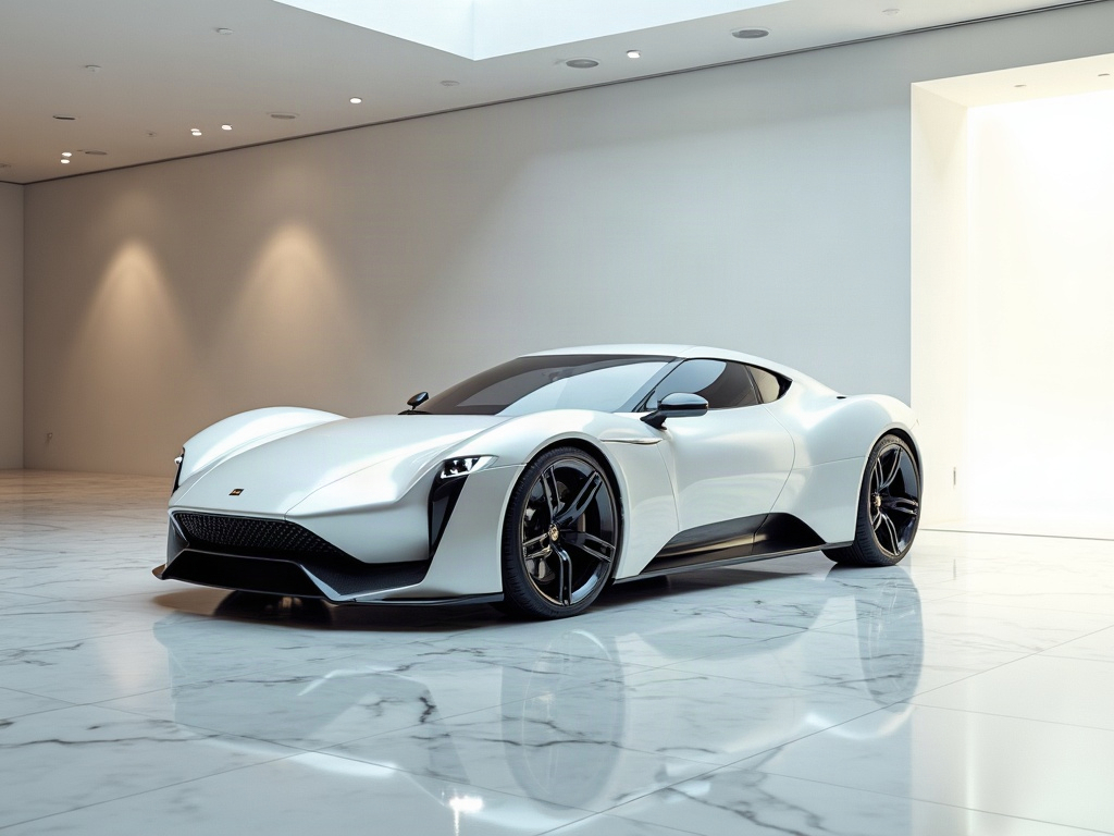 A photorealistic pearl-white luxury sports coupe with polished chrome — AI car build by @shaunaklaad