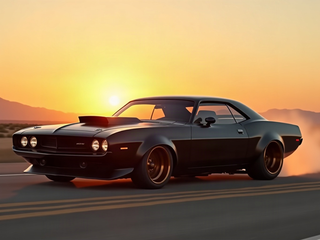 A photorealistic matte black wide-body American muscle car with deep b — AI car build by @shaunaklaad