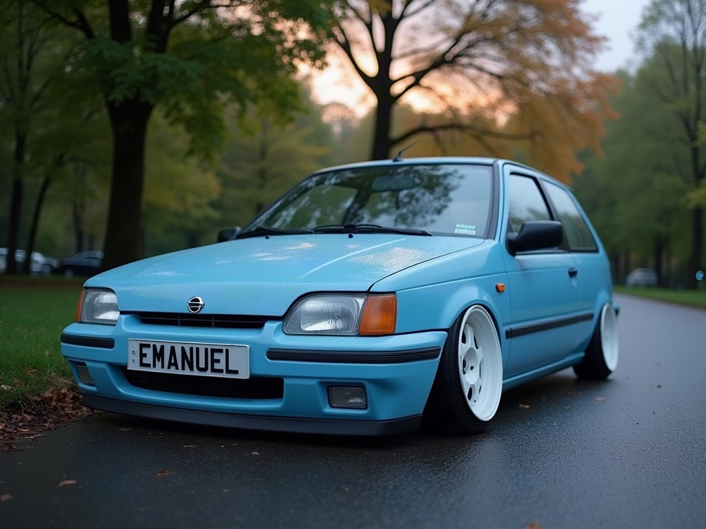 A photorealistic light blue compact hatchback — AI car build by @robertkluijver