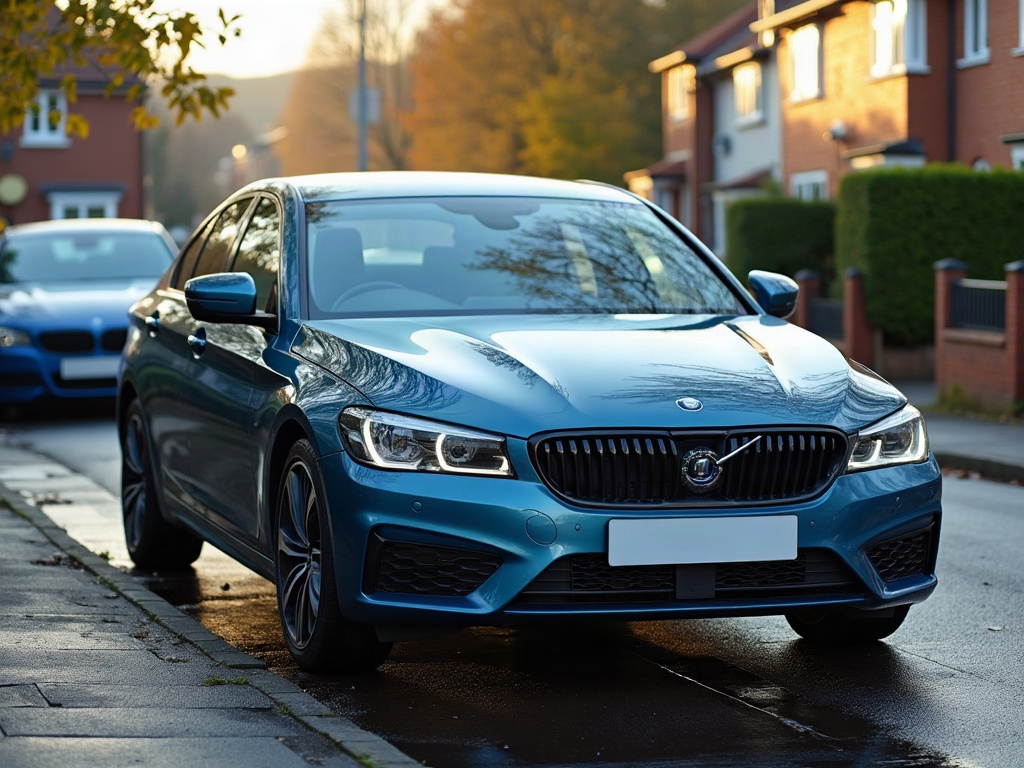 A photorealistic steel blue four-door saloon car — AI car build by @yulysanl1994