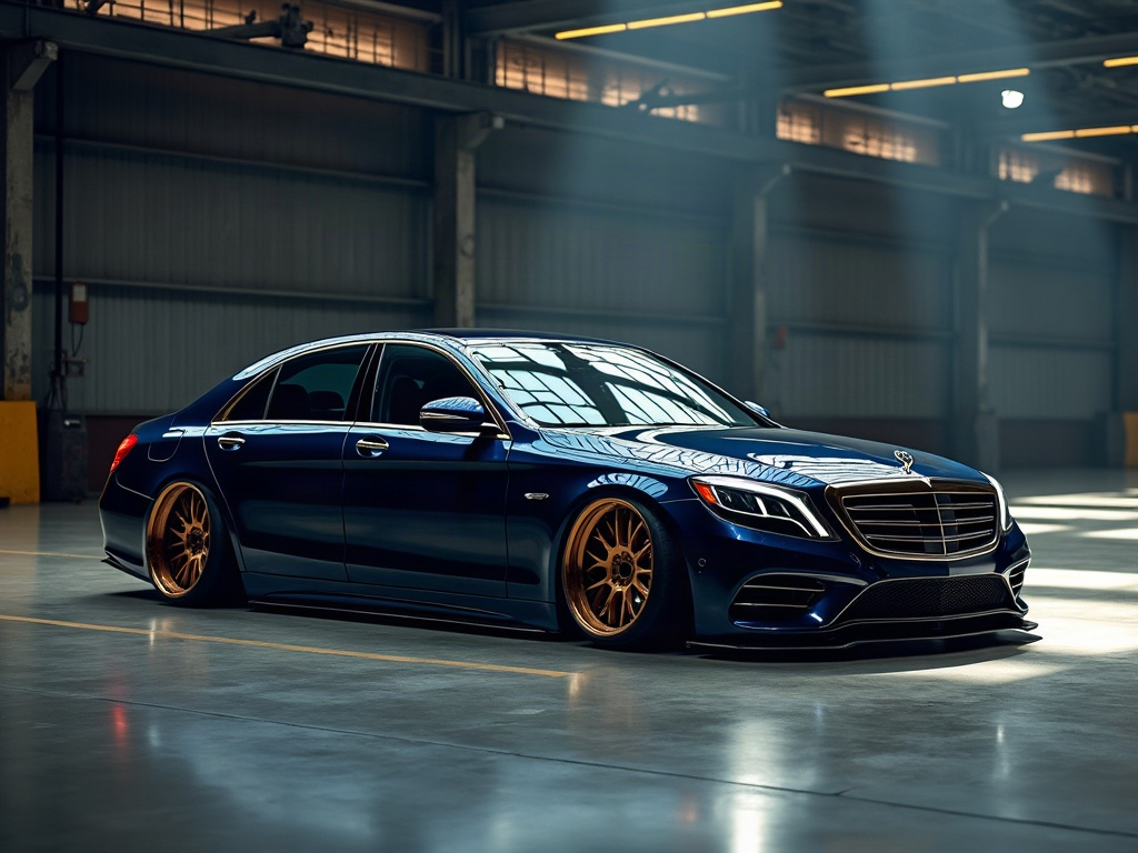 A photorealistic slammed executive sedan in deep navy on air suspensio — AI car build by @jinhchoi37