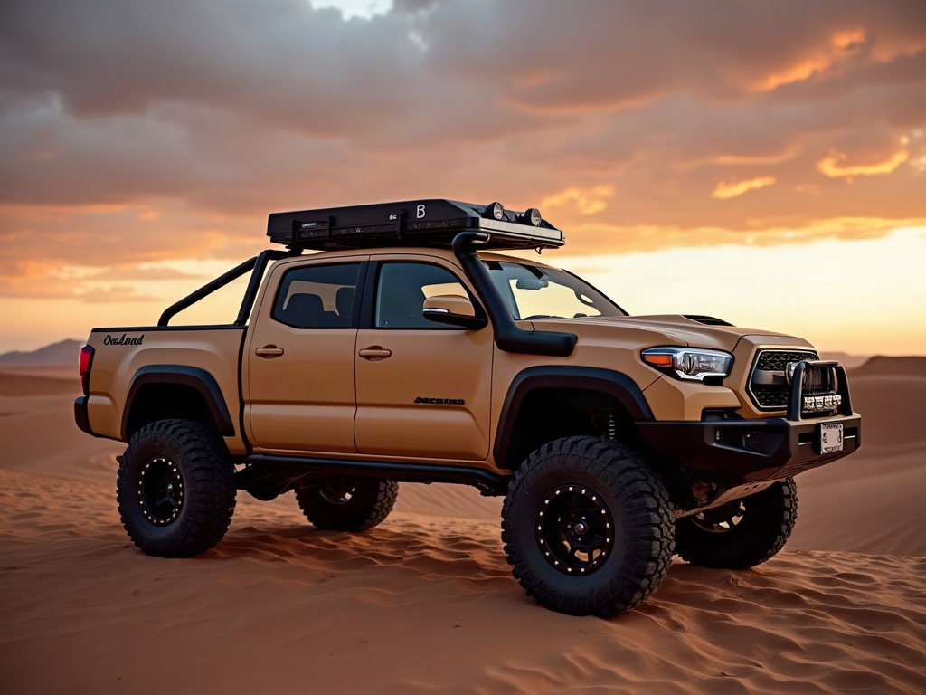 A photorealistic lifted overland pickup truck in sand beige with a roo — AI car build by @jinhchoi37