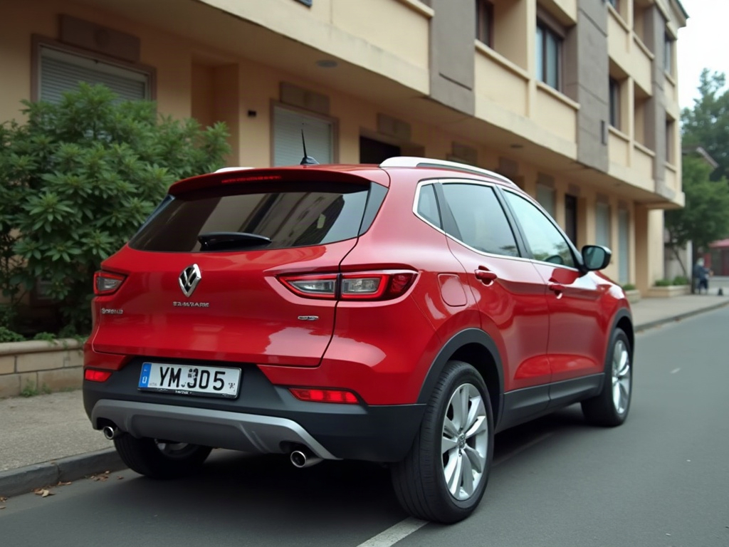 A photorealistic red compact crossover — AI car build by @fernandosouzatablet8