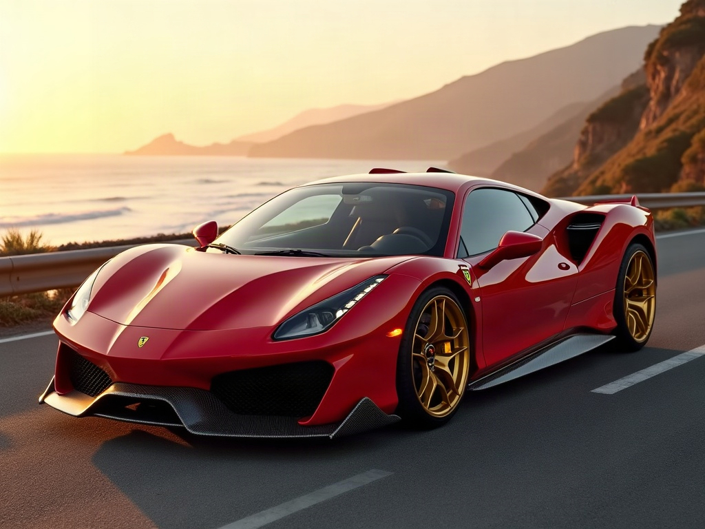 A photorealistic candy-apple-red sports car with gold multi-spoke whee — AI car build by @matalloheitor48
