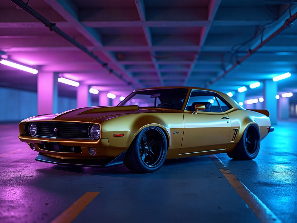 A photorealistic satin gold wide-body muscle car with satin-black mult — AI car build by @vmax_noah