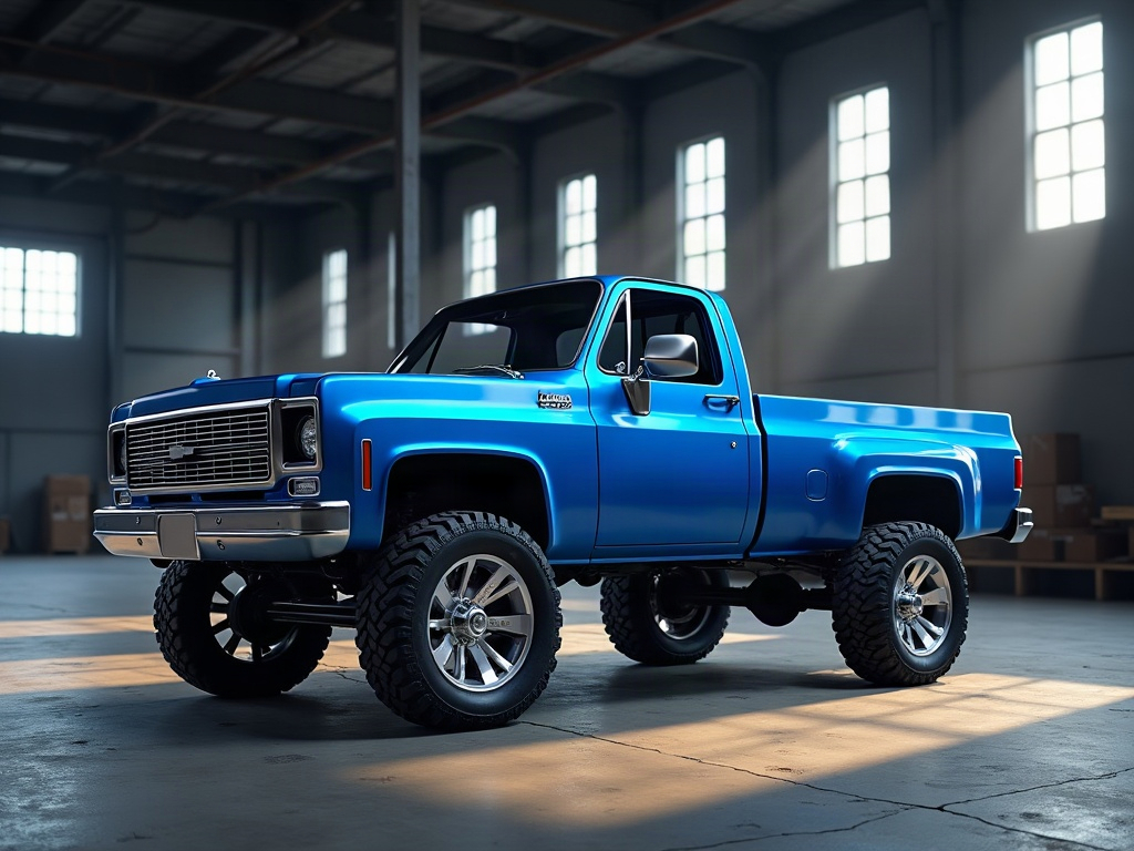 A photorealistic electric blue lifted overland pickup truck with silve — AI car build by @sofiypaqui
