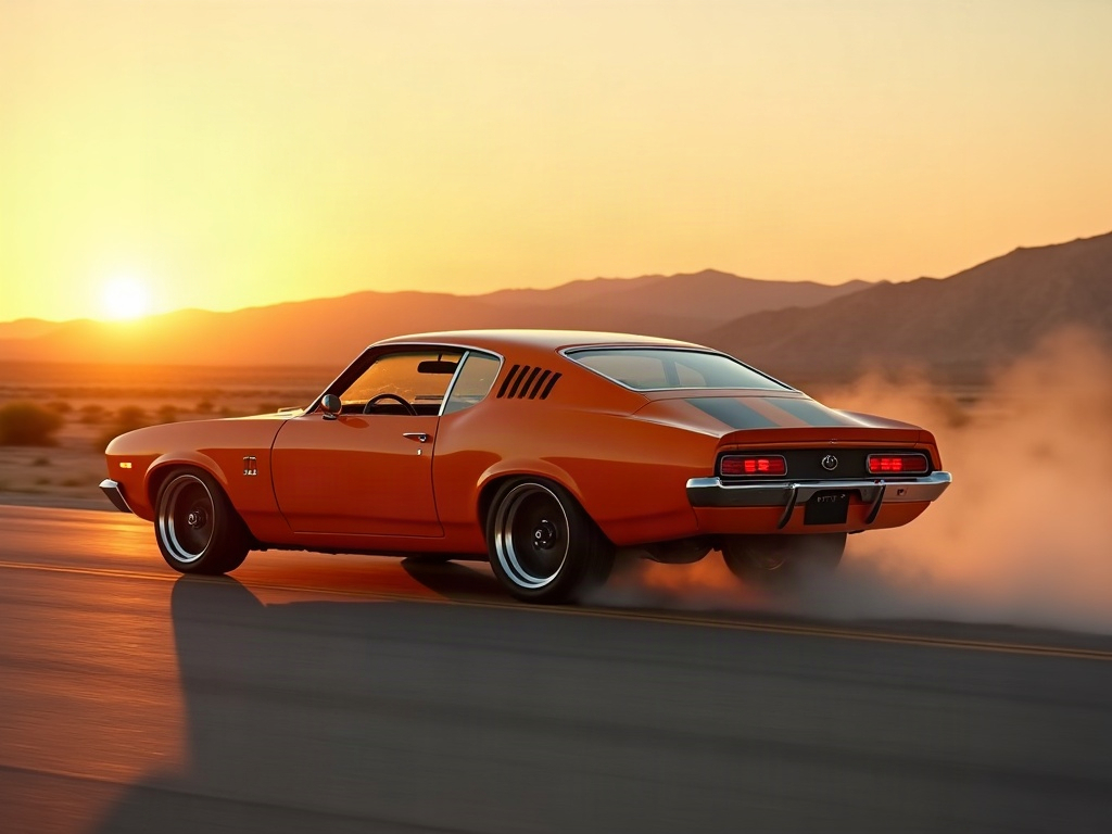 A photorealistic vibrant orange fastback liftback with two-tone forged — AI car build by @sofiypaqui