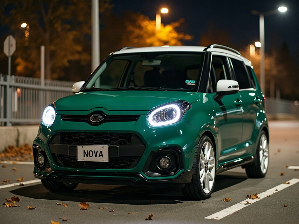 A photorealistic dark green boxy compact SUV — AI car build by @emanuela_ratiu