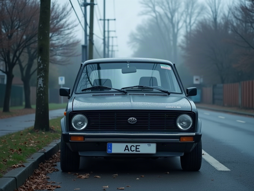 A photorealistic graphite grey retro-styled hatchback — AI car build by @emanuela_ratiu