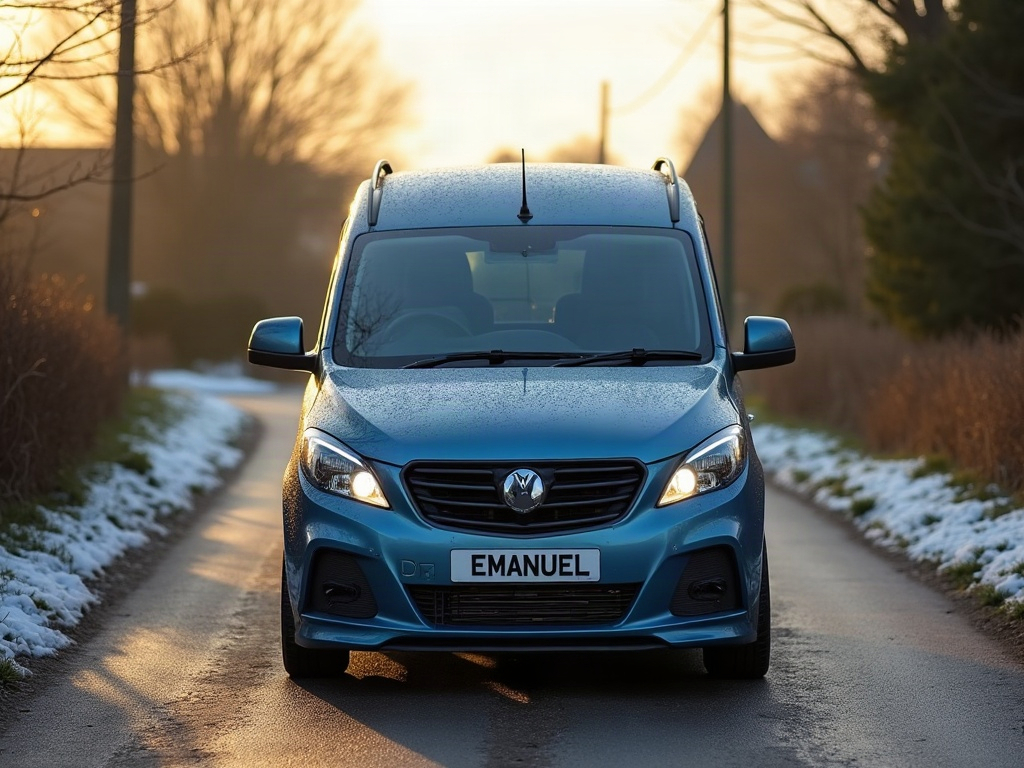 A photorealistic steel blue small delivery van — AI car build by @emanuela_ratiu