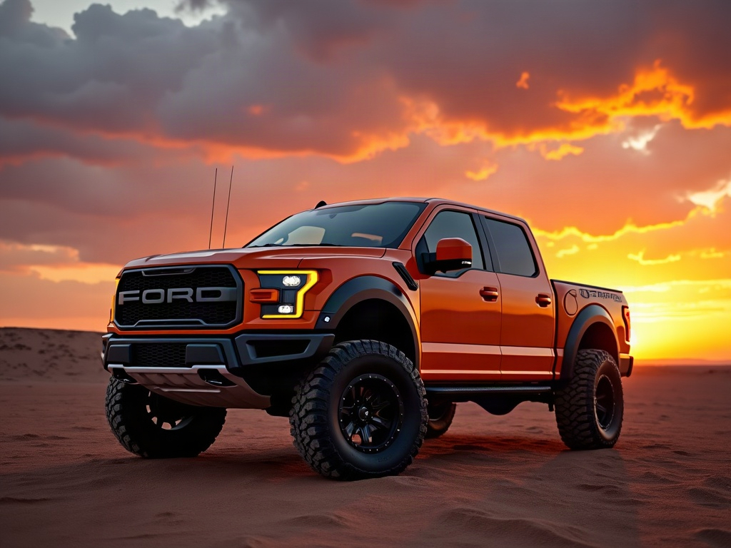 A photorealistic sunset orange lifted overland pickup truck with gloss — AI car build by @lelismagri