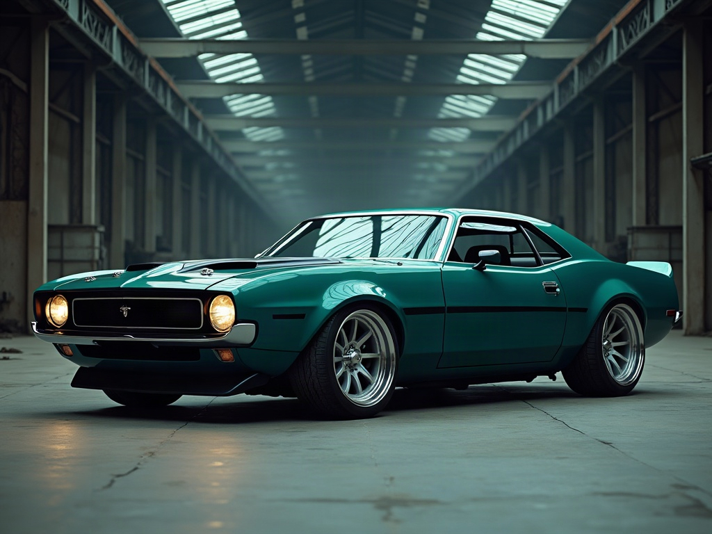 A photorealistic deep teal wide-body American muscle car with silver c — AI car build by @lelismagri