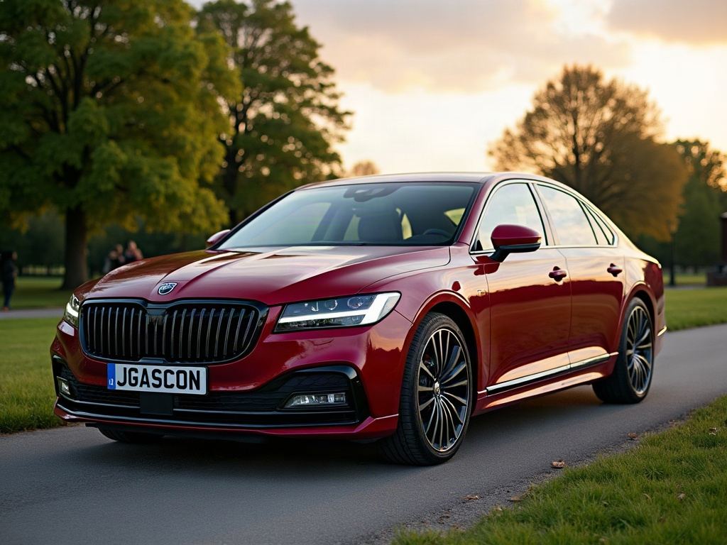 A photorealistic deep red four-door saloon car — AI car build by @martinastoesselkosa