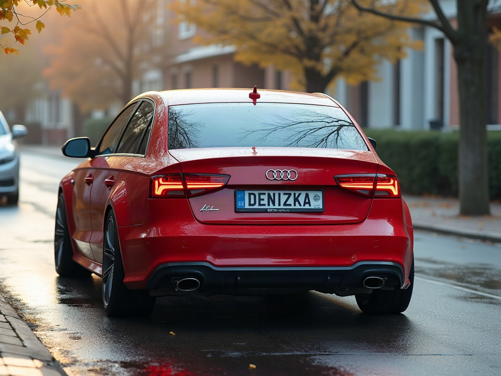 A photorealistic red everyday commuter sedan — AI car build by @denizkaya