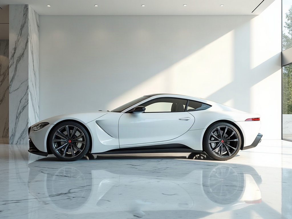 A photorealistic pearl-white luxury sports coupe with polished chrome — AI car build by @jpuertasf