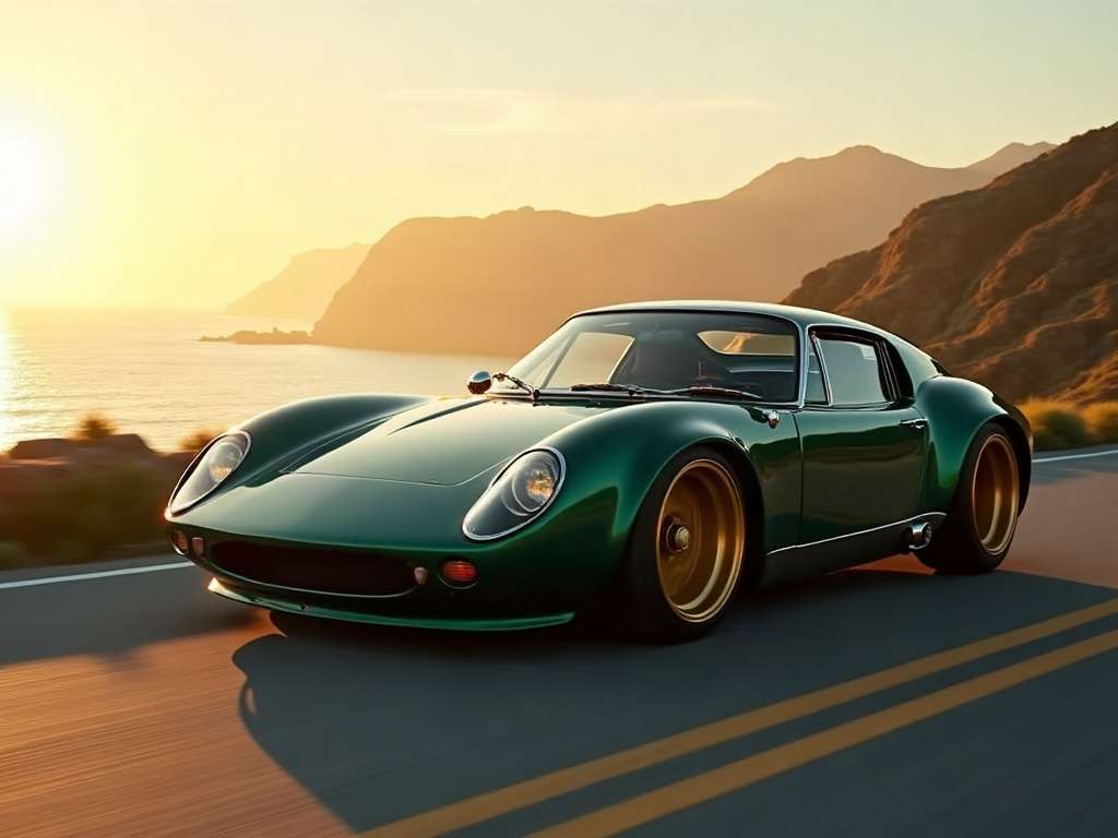 A photorealistic forest green low-slung sports car with gold split-spo — AI car build by @jeanphilipperambourg