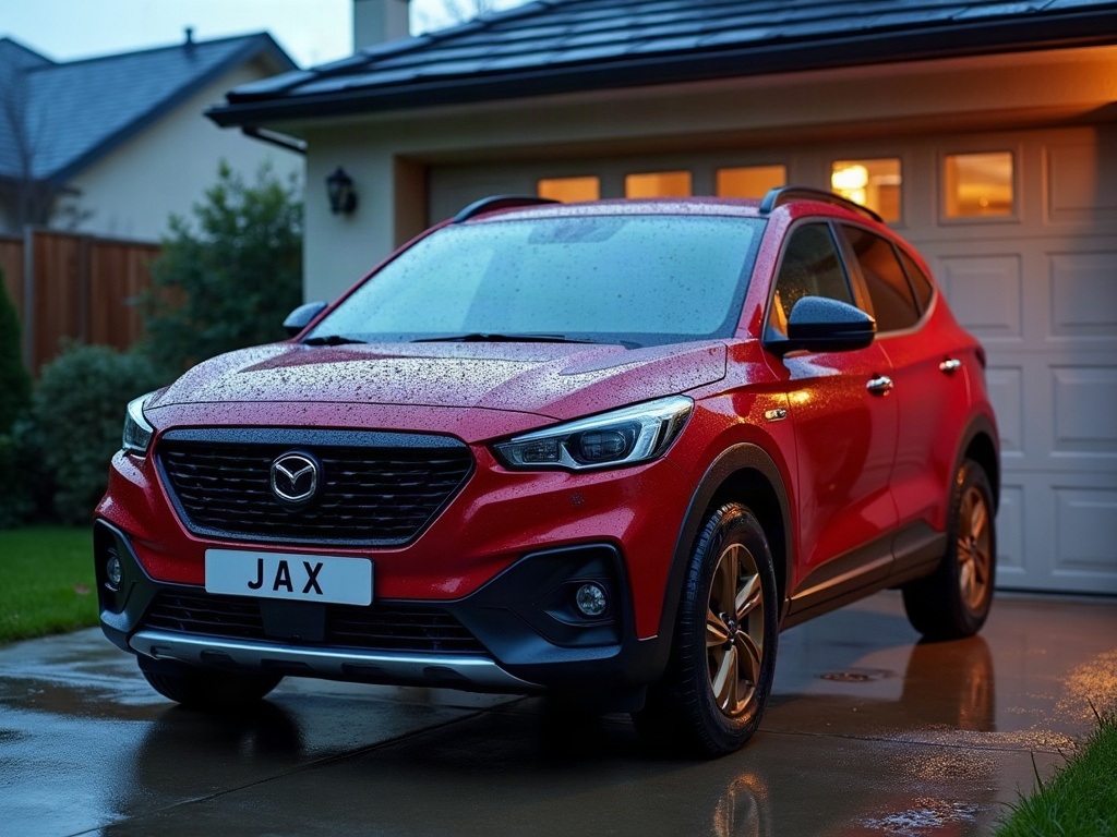 A photorealistic red compact crossover — AI car build by @luciitzi