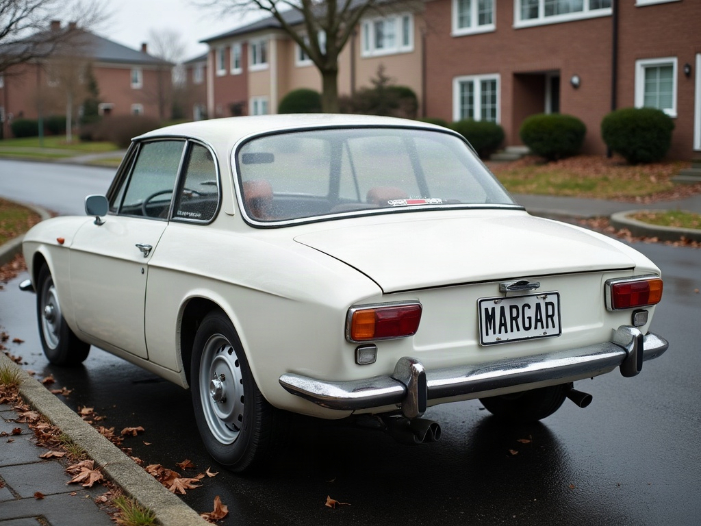A photorealistic white modest two-door coupe — AI car build by @margaridaengenharia