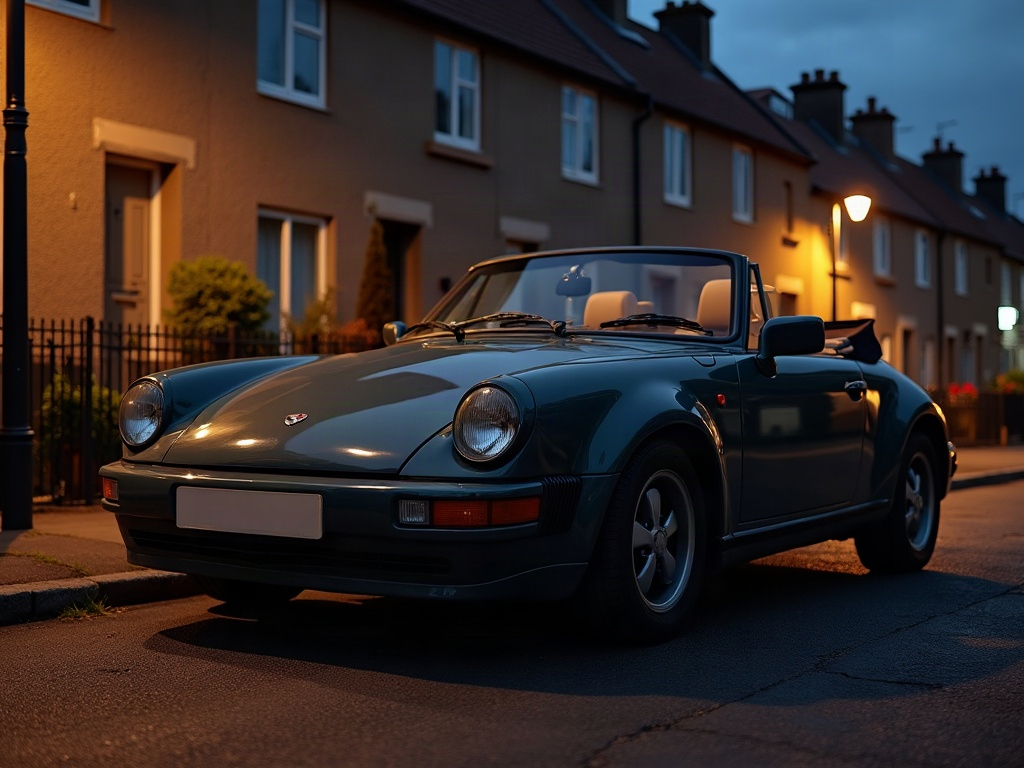 A photorealistic dark grey small convertible — AI car build by @enricofrigerio