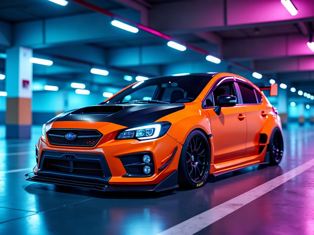 A photorealistic vibrant-orange street tuner hatchback with an exposed — AI car build by @jasonmiller88