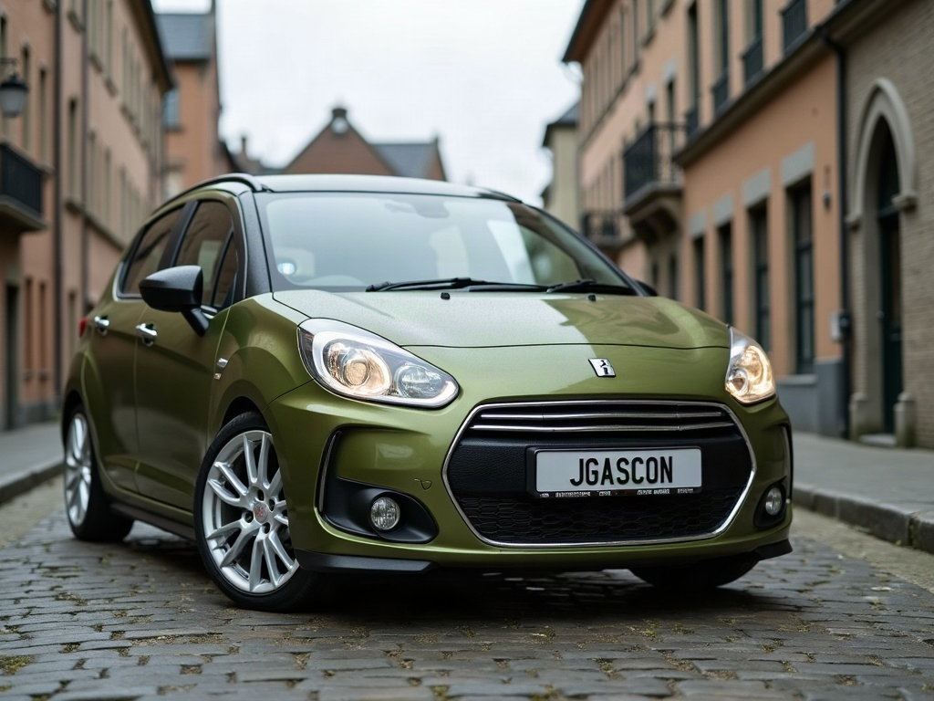 A photorealistic olive green compact hatchback — AI car build by @baldinigoncalo