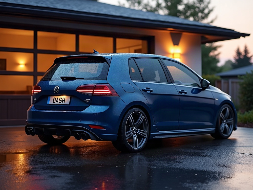 A photorealistic dark blue five-door hatchback — AI car build by @alimidavid
