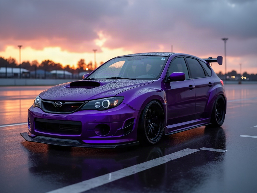 A photorealistic deep purple street tuner hatchback with gloss-black c — AI car build by @korgancrespo