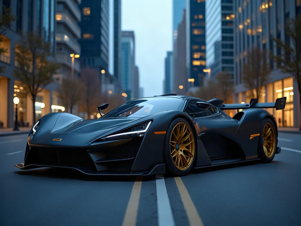 A photorealistic matte black track-focused hypercar with gold split-sp — AI car build by @korgancrespo
