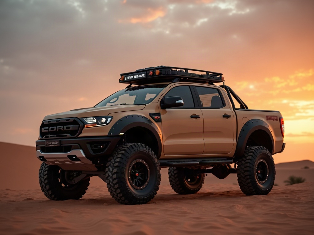 A photorealistic lifted overland pickup truck in sand beige with a roo — AI car build by @meganwhite92